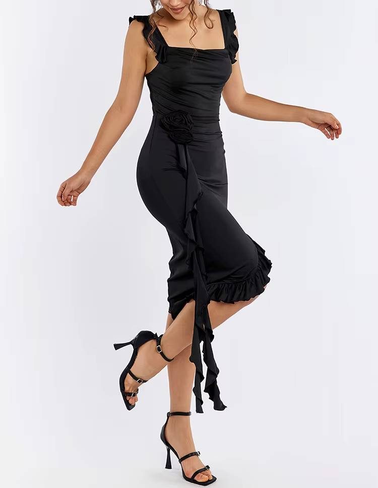 Elegant Asymmetric Ruffle Square Collar Neck Pencil Midi Dress Streetwear