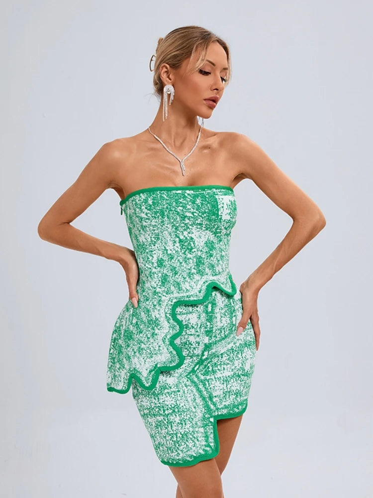 Elegant Asymmetric Strapless Printed Sleeveless Bandage Party Club Two Piece Mini Skirts