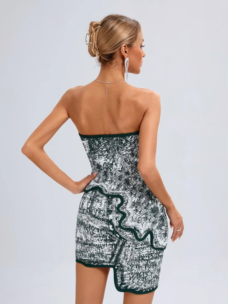 Elegant Asymmetric Strapless Printed Sleeveless Bandage Party Club Two Piece Mini Skirts