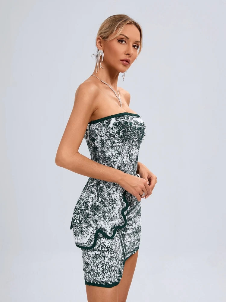 Elegant Asymmetric Strapless Printed Sleeveless Bandage Party Club Two Piece Mini Skirts