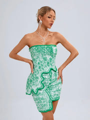 Elegant Asymmetric Strapless Printed Sleeveless Bandage Party Club Two Piece Mini Skirts