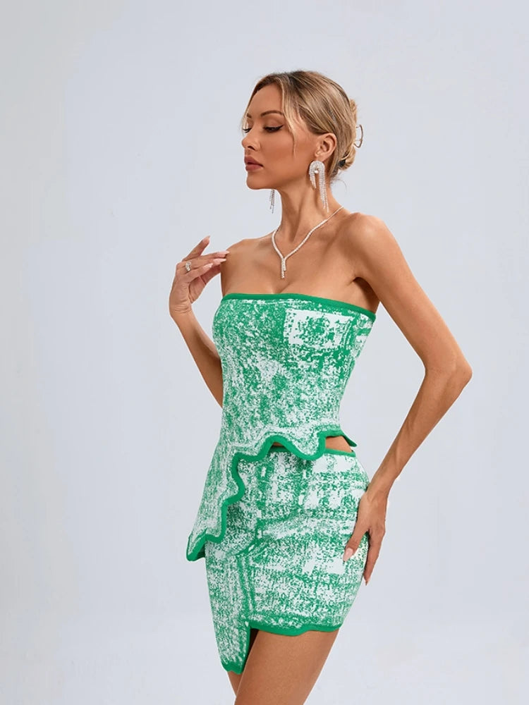 Elegant Asymmetric Strapless Printed Sleeveless Bandage Party Club Two Piece Mini Skirts