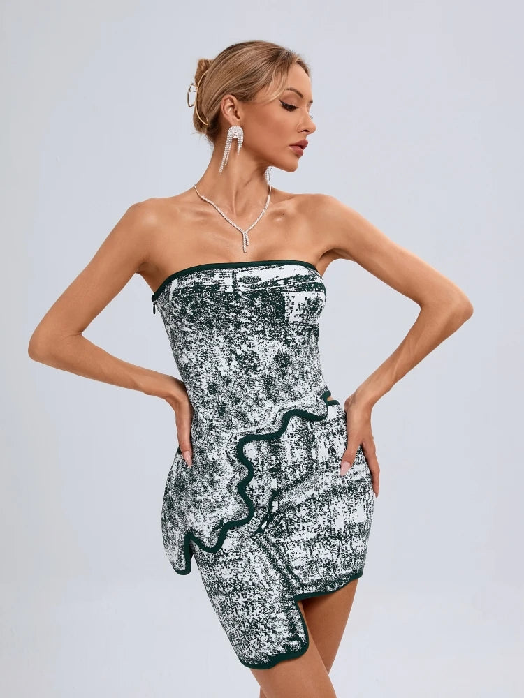 Elegant Asymmetric Strapless Printed Sleeveless Bandage Party Club Two Piece Mini Skirts
