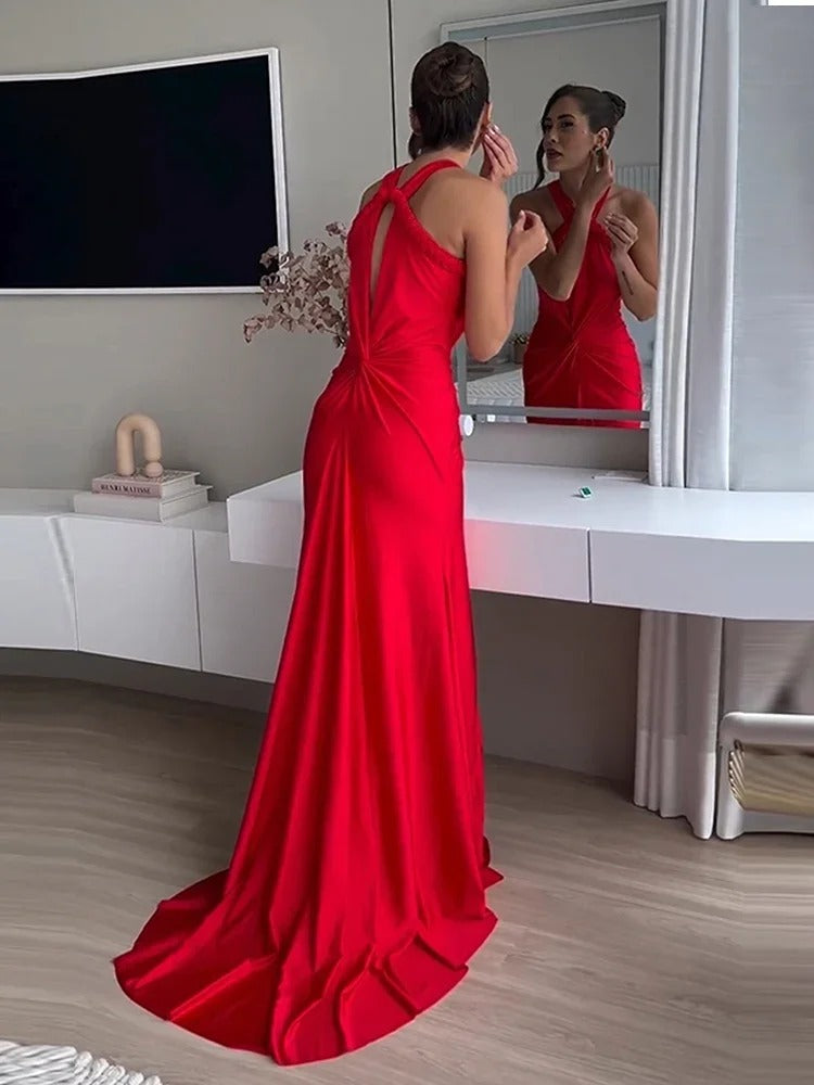 Elegant Asymmetrical Backless Slim Straps Hollow Out Maxi Dress