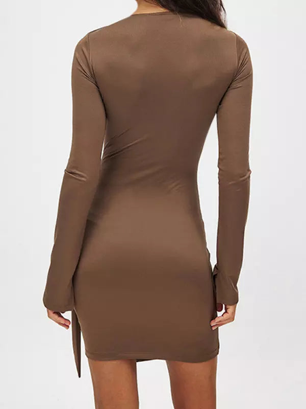 Elegant Asymmetrical Hem Long Sleeve Ruched Bodycon Mini Dress