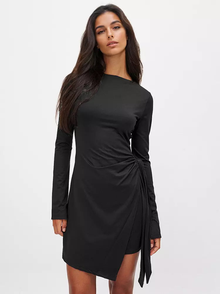 Elegant Asymmetrical Hem Long Sleeve Ruched Bodycon Mini Dress