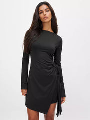 Elegant Asymmetrical Hem Long Sleeve Ruched Bodycon Mini Dress