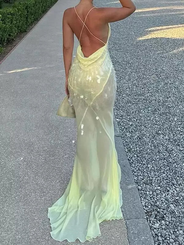 Elegant Asymmetrical Hem V-neck Backless Sheer Maxi Mermaid Dress