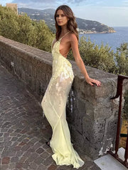 Elegant Asymmetrical Hem V-neck Backless Sheer Maxi Mermaid Dress