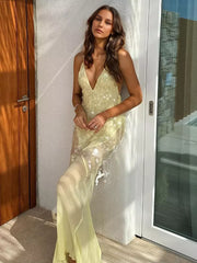 Elegant Asymmetrical Hem V-neck Backless Sheer Maxi Mermaid Dress