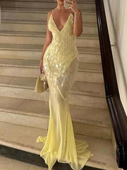Elegant Asymmetrical Hem V-neck Backless Sheer Maxi Mermaid Dress