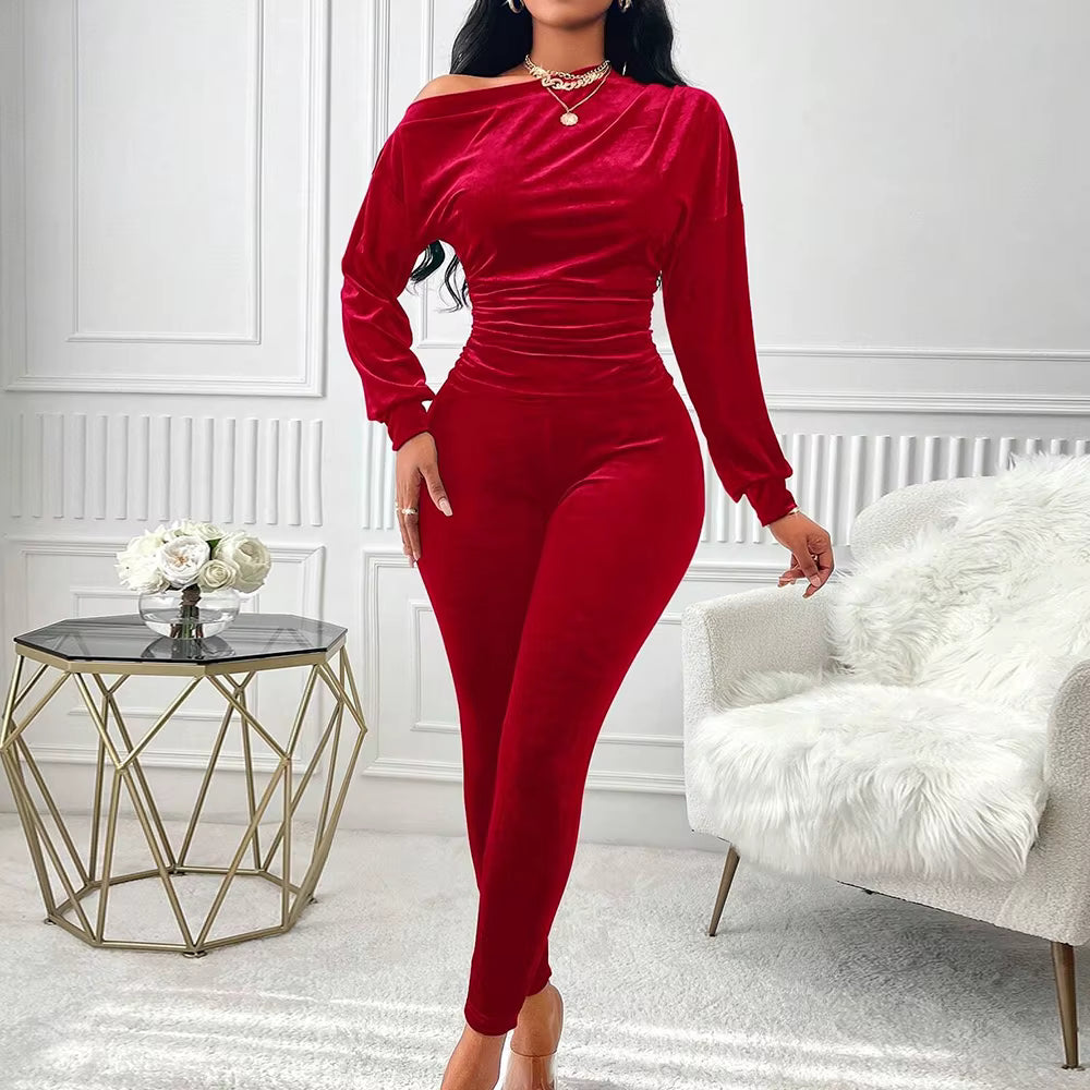 Elegant Asymmetrical Long Sleeve One-Shoulder Natural Waist Ankle Length