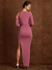 Elegant Asymmetrical One-Shoulder High Slit Long Sleeve Bodycon Dress