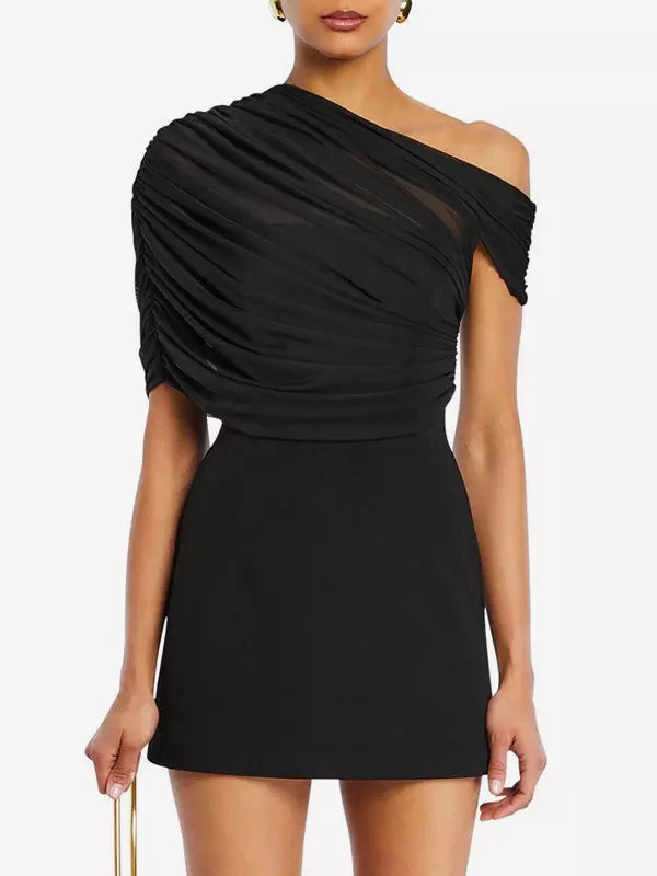 Elegant Asymmetrical Pleated Bodycon Ruched Sleeveless Mini Dress