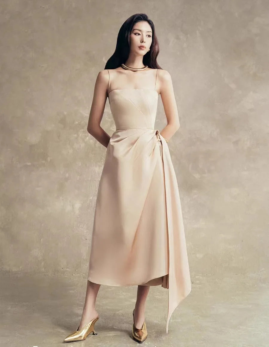 Elegant Asymmetrical Pleated Patchwork Slip Solid Color High Waist Evening Party Dresses