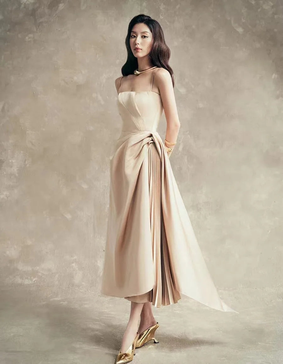 Elegant Asymmetrical Pleated Patchwork Slip Solid Color High Waist Evening Party Dresses