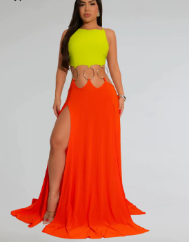 Elegant Backless Bandage Holiday Hollow Out O-Rings Metal Long Maxi Dresses