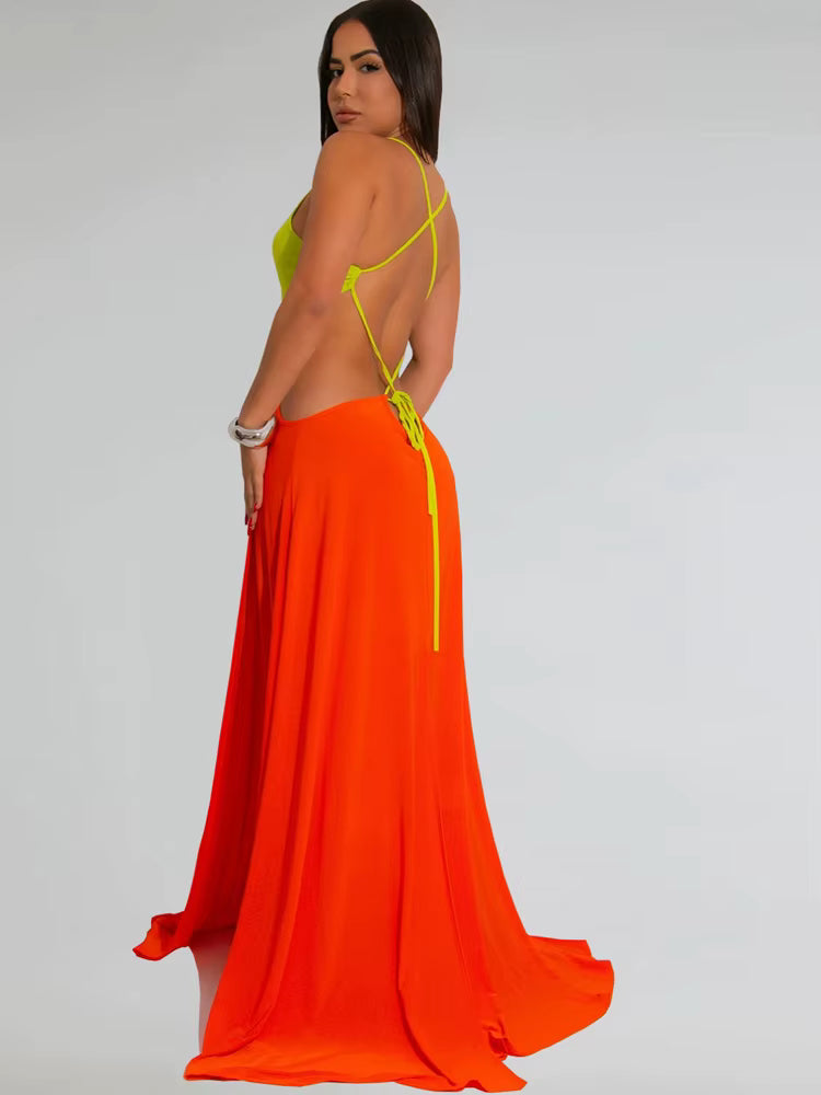 Elegant Backless Bandage Holiday Hollow Out O-Rings Metal Long Maxi Dresses
