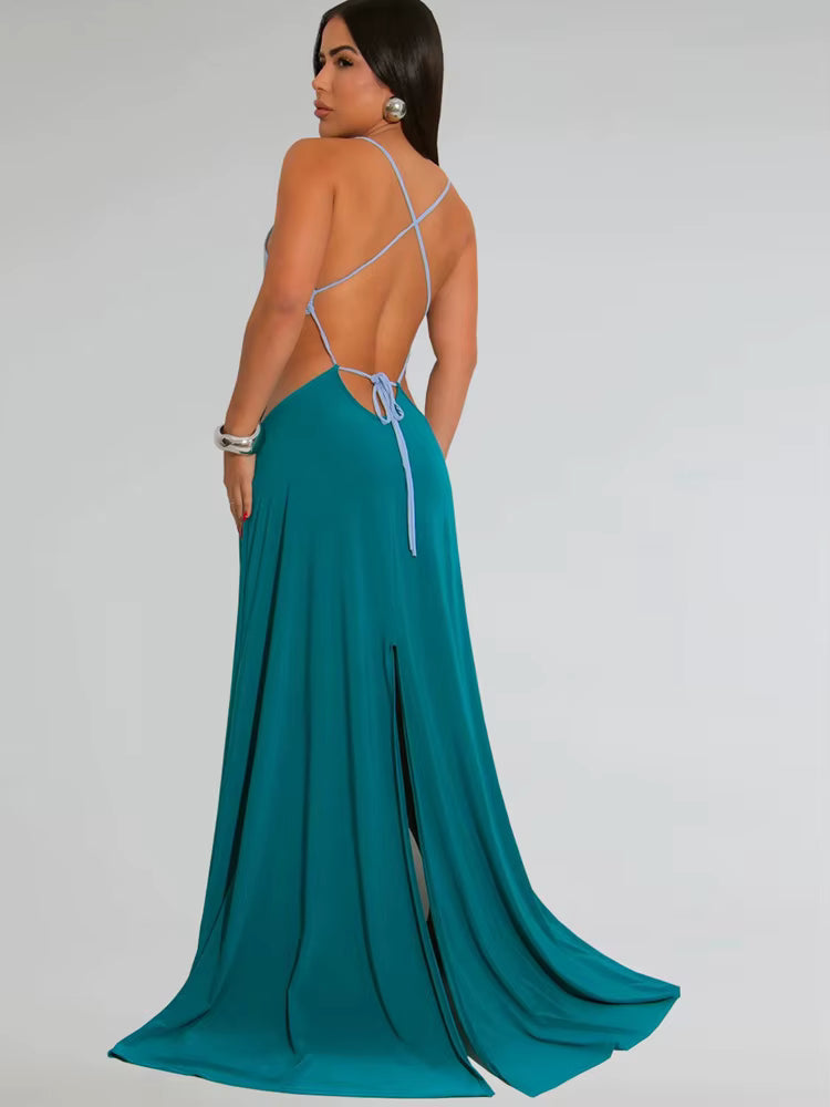 Elegant Backless Bandage Holiday Hollow Out O-Rings Metal Long Maxi Dresses