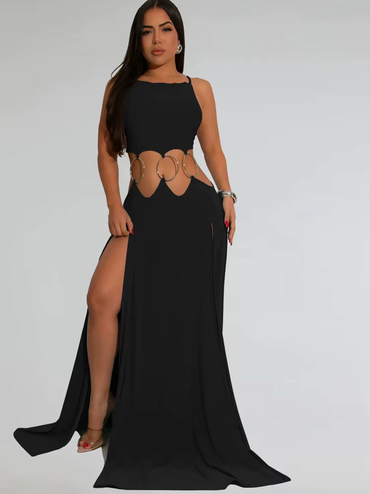 Elegant Backless Bandage Holiday Hollow Out O-Rings Metal Long Maxi Dresses