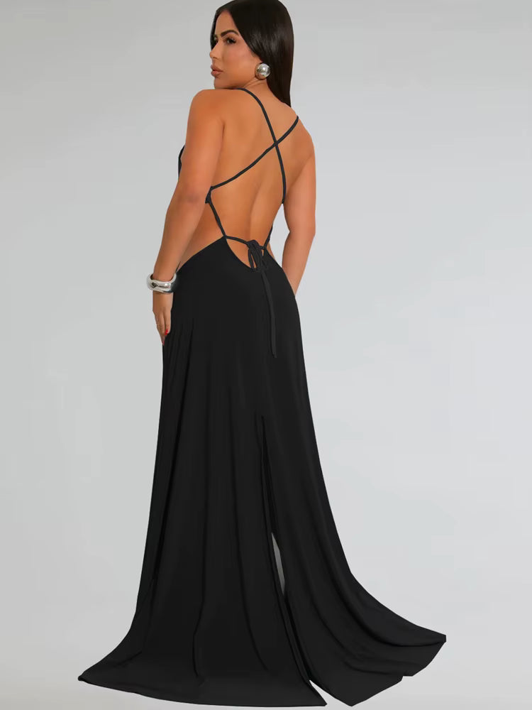 Elegant Backless Bandage Holiday Hollow Out O-Rings Metal Long Maxi Dresses