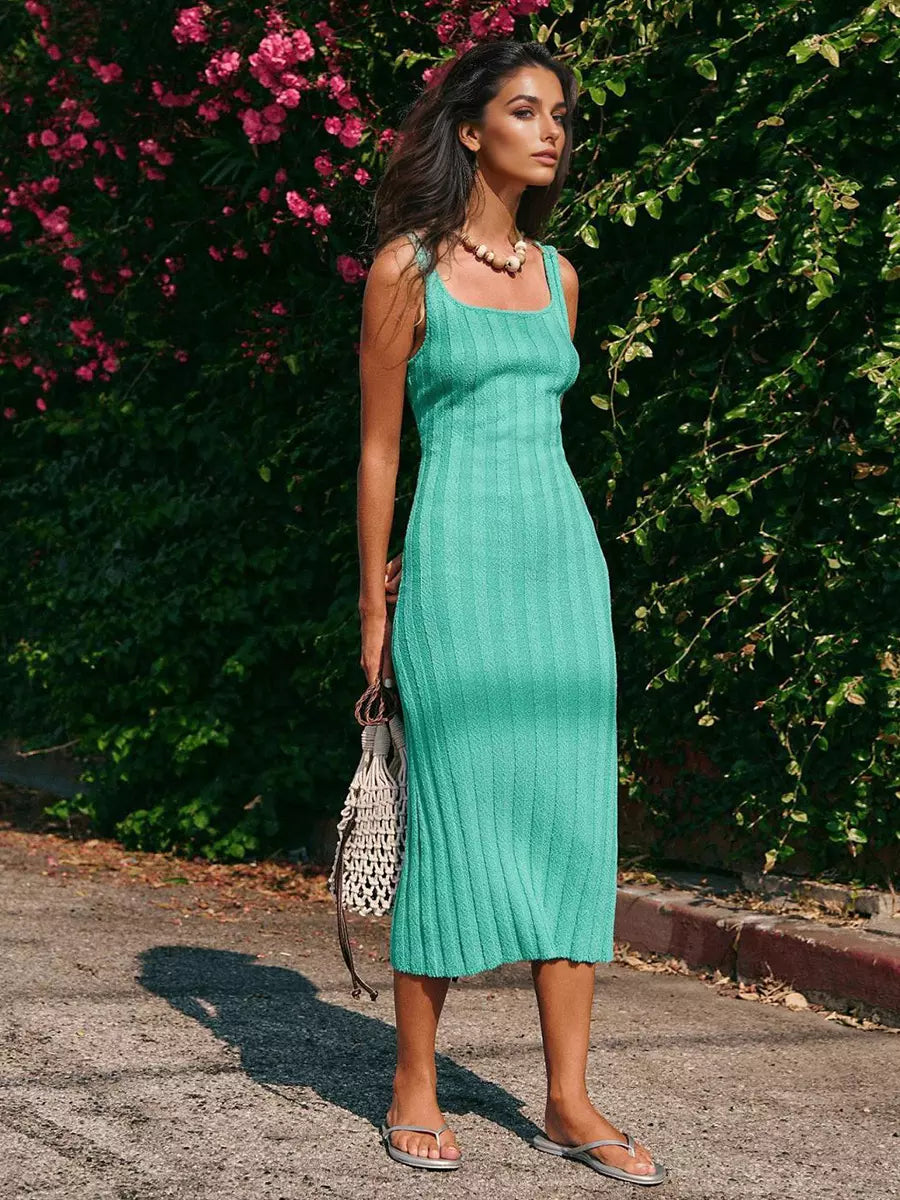 Elegant Backless Beach Style Square Collar Sleeveless Knit Midi Dress