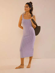 Elegant Backless Beach Style Square Collar Sleeveless Knit Midi Dress