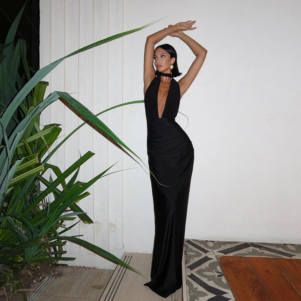 Elegant Backless Deep V Neck Draped Ruched Maxi Dress Birthday Outfits