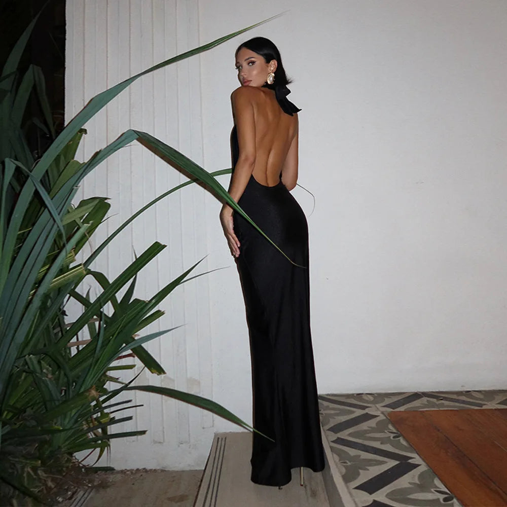 Elegant Backless Deep V Neck Draped Ruched Maxi Dress Birthday Outfits
