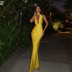 Elegant Backless Deep V Neck Draped Ruched Maxi Dress Birthday Outfits