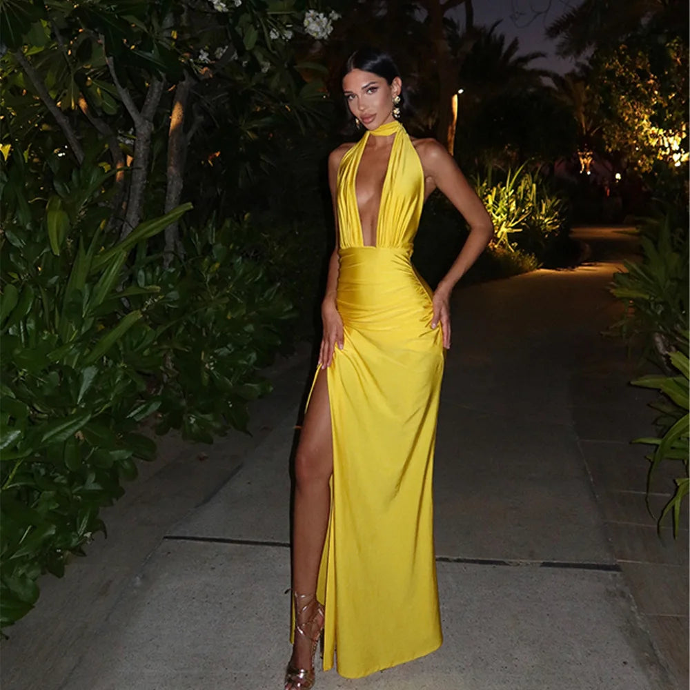 Elegant Backless Deep V Neck Draped Ruched Maxi Dress Birthday Outfits