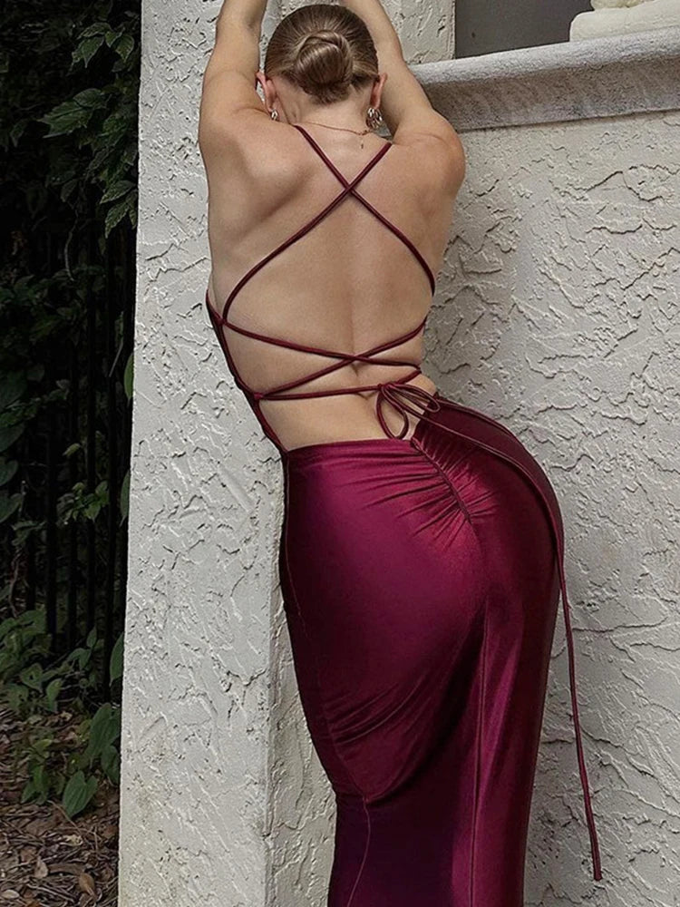 Elegant Backless Folds Solid V-neck Sleeveless Slim Sheath Club Lace-up Maxi Dresses