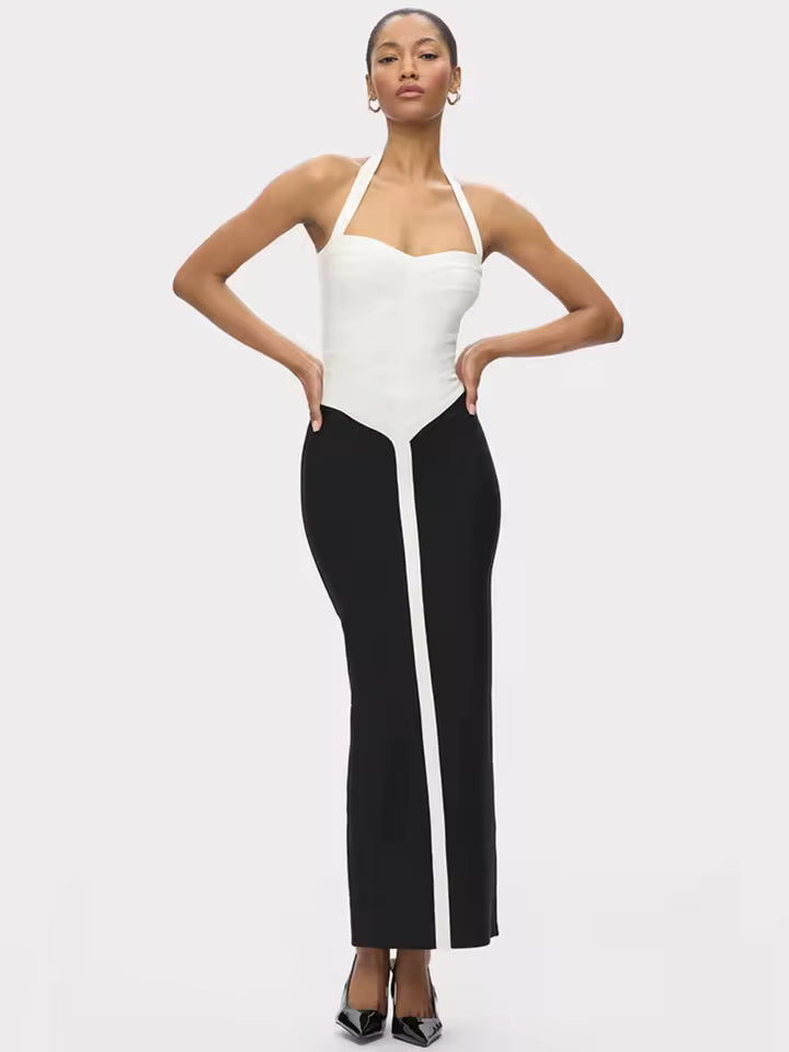 Elegant Backless Halter Patchwork Bodycon Bandage Dress