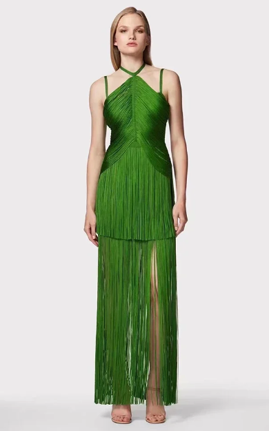 Elegant Backless Halter Tassel Bandage Prom Party Long Gown
