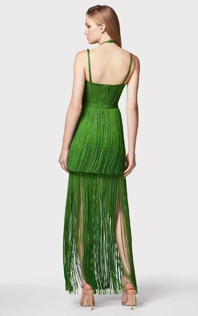 Elegant Backless Halter Tassel Bandage Prom Party Long Gown