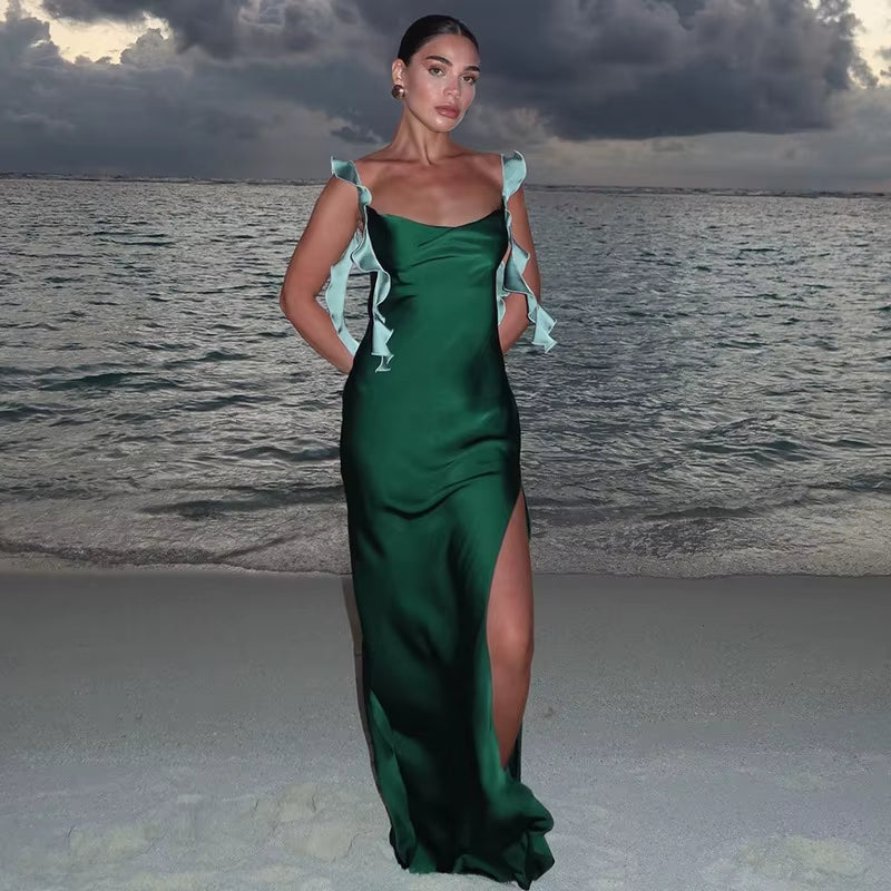 Elegant Backless High Slit Spaghetti Strap Polyester Maxi Dress