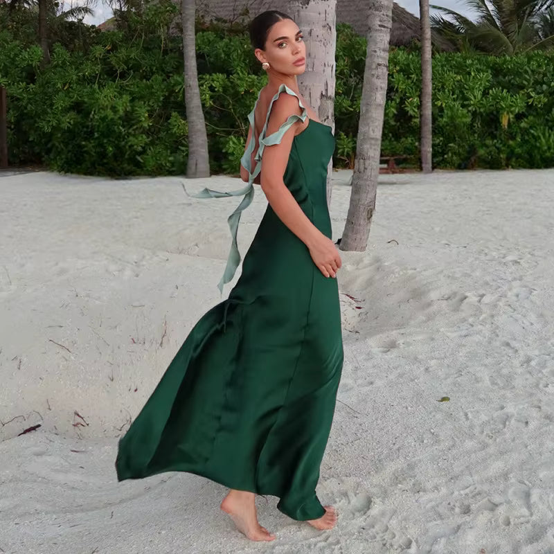 Elegant Backless High Slit Spaghetti Strap Polyester Maxi Dress