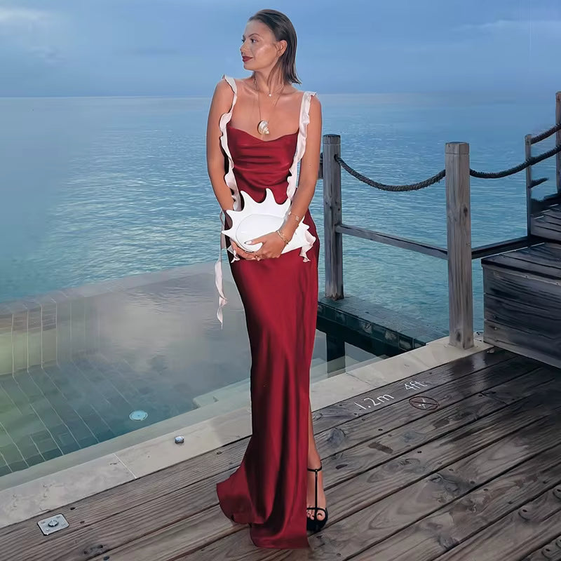 Elegant Backless High Slit Spaghetti Strap Polyester Maxi Dress