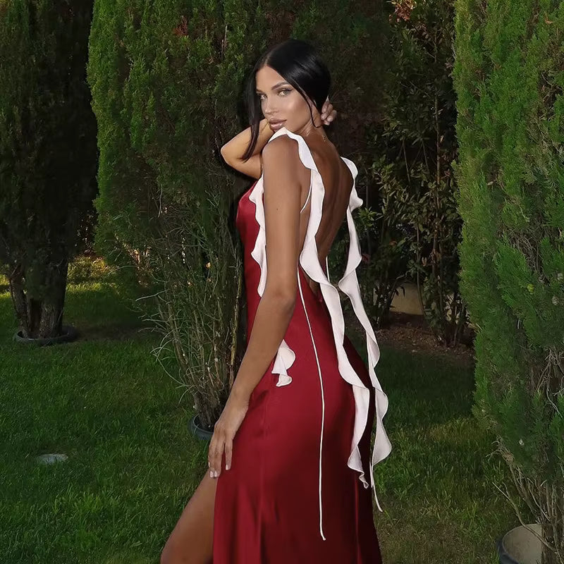 Elegant Backless High Slit Spaghetti Strap Polyester Maxi Dress