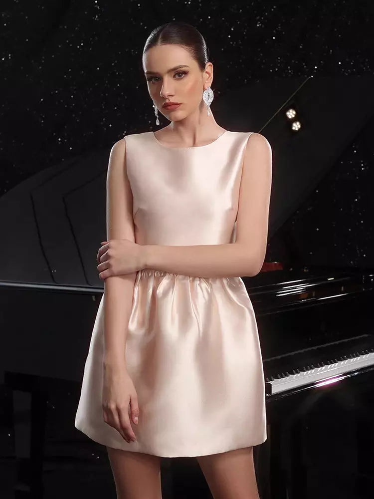 Elegant Backless Jewel Sleeveless Satin A-Line With Pleated Bow Back Mini Party Dress