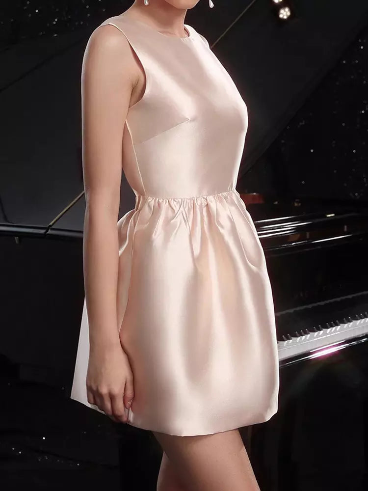 Elegant Backless Jewel Sleeveless Satin A-Line With Pleated Bow Back Mini Party Dress