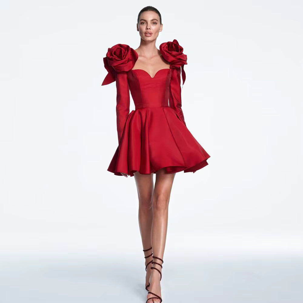 Elegant Backless Long Sleeves 3D Flowers Popular Celebrity Mini Dress