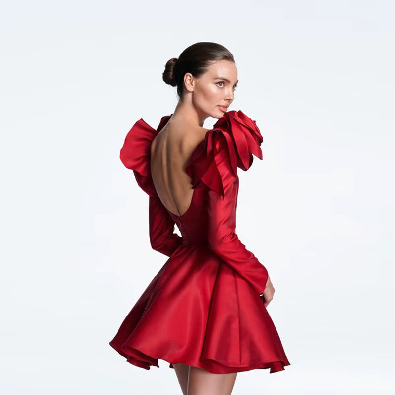 Elegant Backless Long Sleeves 3D Flowers Popular Celebrity Mini Dress