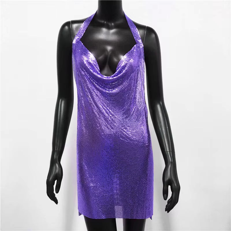 Elegant Backless Metal Sequins  V Deep Neck Side Split Halter Short Dress