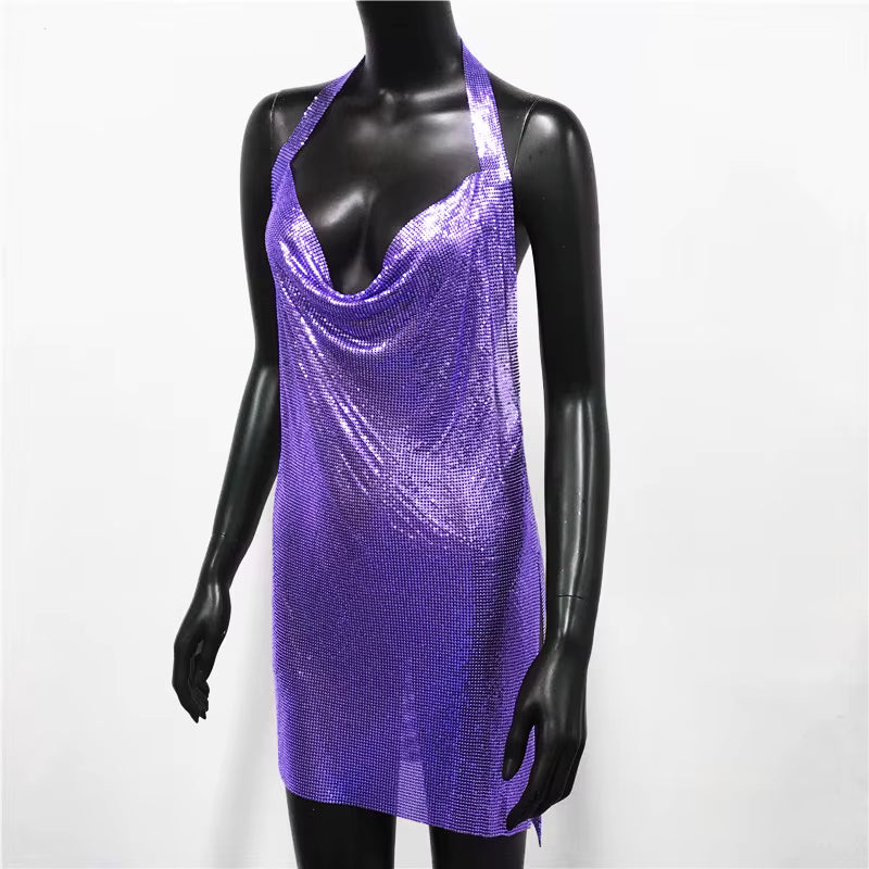 Elegant Backless Metal Sequins  V Deep Neck Side Split Halter Short Dress