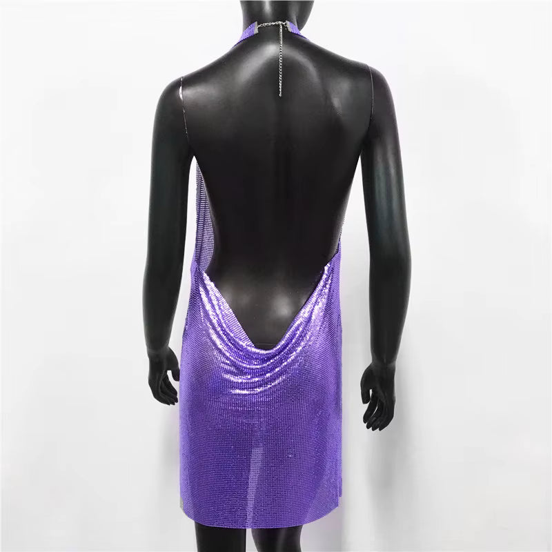 Elegant Backless Metal Sequins  V Deep Neck Side Split Halter Short Dress