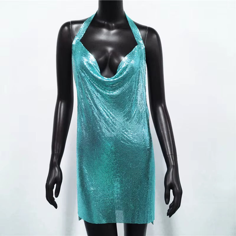 Elegant Backless Metal Sequins  V Deep Neck Side Split Halter Short Dress