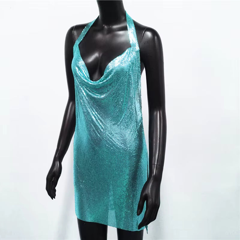 Elegant Backless Metal Sequins  V Deep Neck Side Split Halter Short Dress