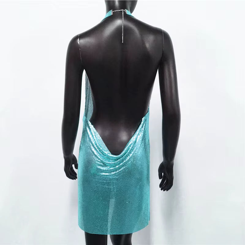 Elegant Backless Metal Sequins  V Deep Neck Side Split Halter Short Dress
