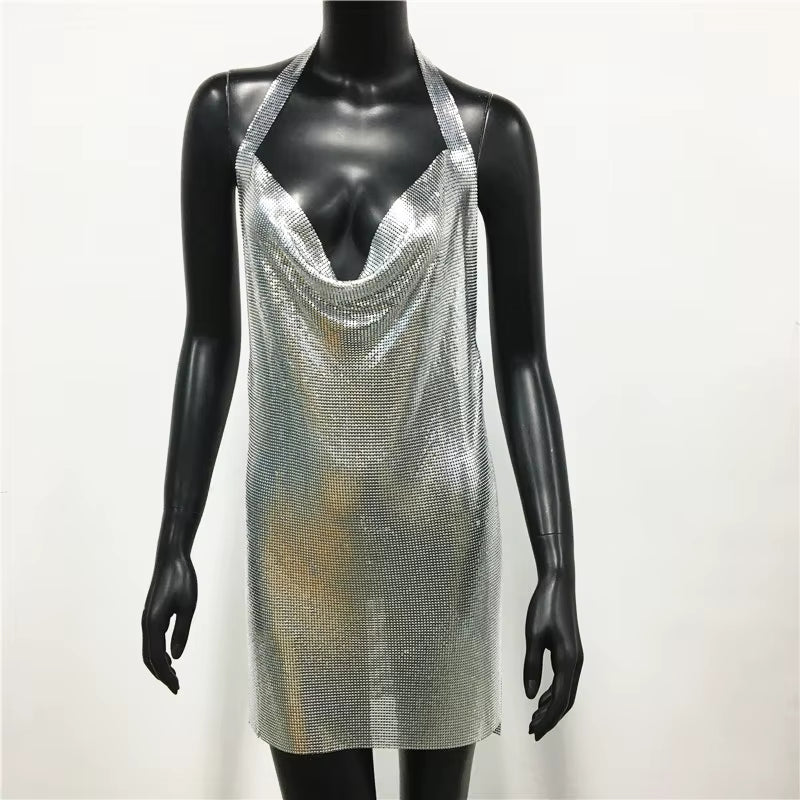 Elegant Backless Metal Sequins  V Deep Neck Side Split Halter Short Dress